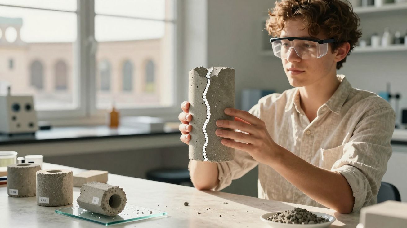 Jovem com óculos de proteção analisa peça cilíndrica de concreto rachada em laboratório.