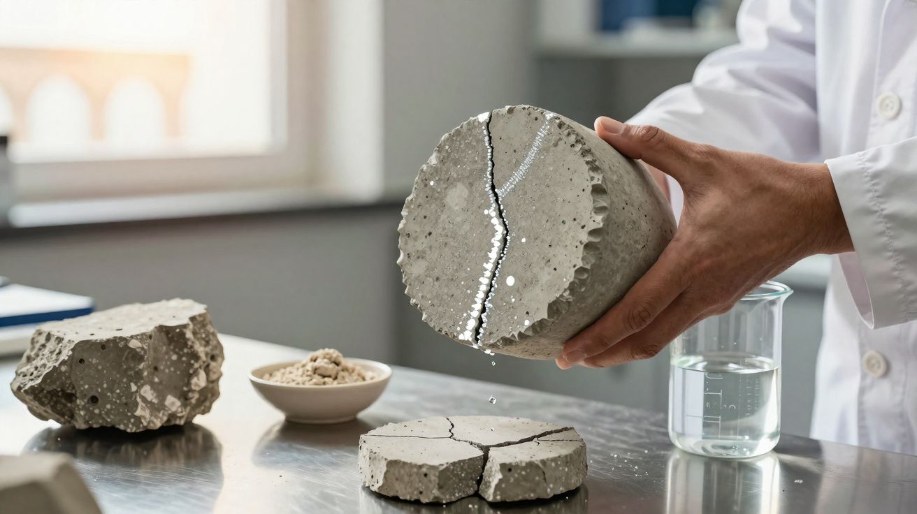 Pessoa segurando amostra cilíndrica de concreto rachado em laboratório com mesa e material de teste ao fundo.
