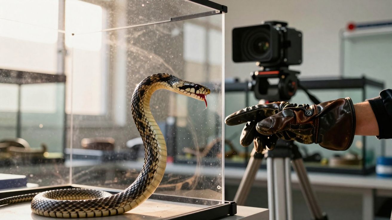 Cobra postada em aquário de vidro encarando mão com luva marrom em laboratório com câmera ao fundo.