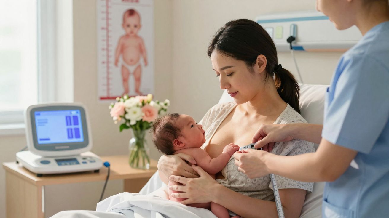 Mãe amamentando bebê enquanto profissional de saúde mede circunferência do braço do bebê em hospital.