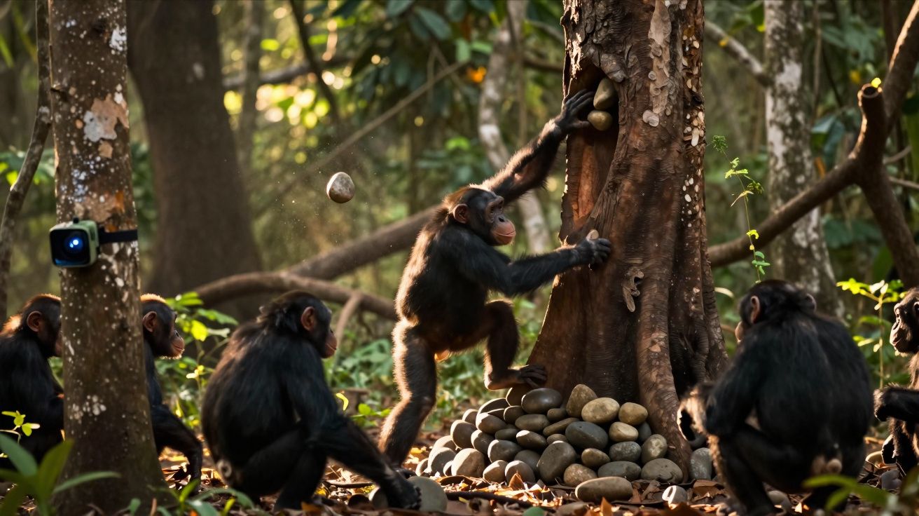 Grupo de chimpanzés usando pedras para quebrar nozes em tronco de árvore na floresta.