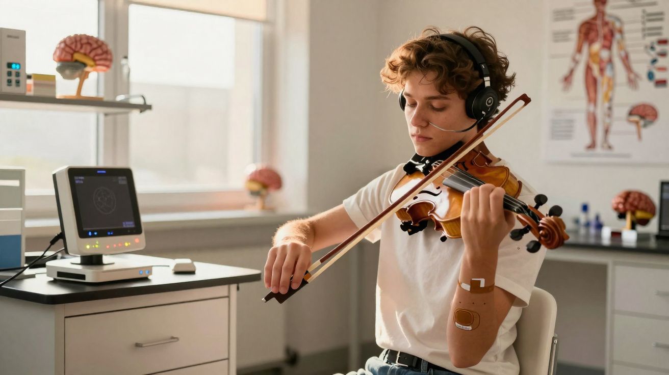 Jovem tocando violino usando fones e sensores em ambiente clínico com modelos de cérebro ao fundo.