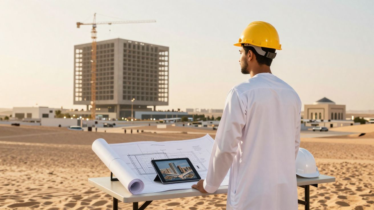 Engenheiro com capacete amarelo analisando planta e tablet em canteiro de obras no deserto ao pôr do sol.