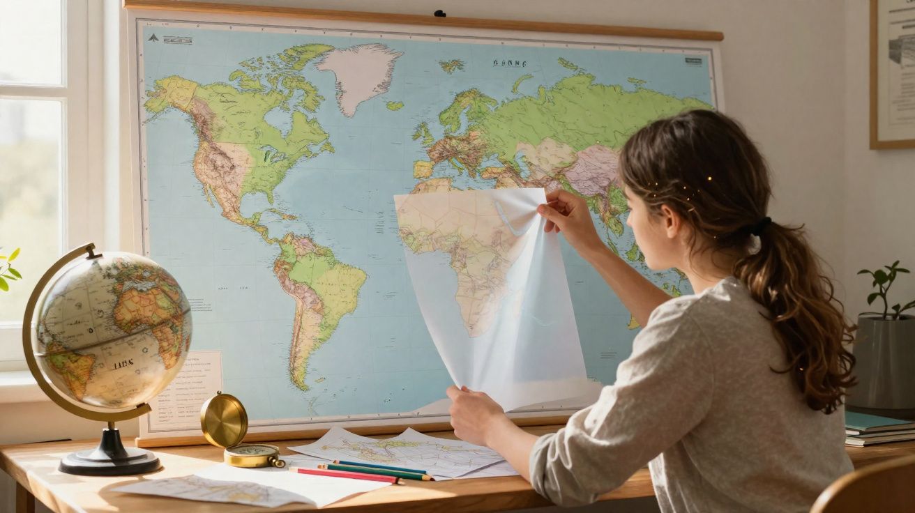 Pessoa jovem estudando mapa-múndi preso na parede com globo terrestre e lápis na mesa iluminada pela janela.
