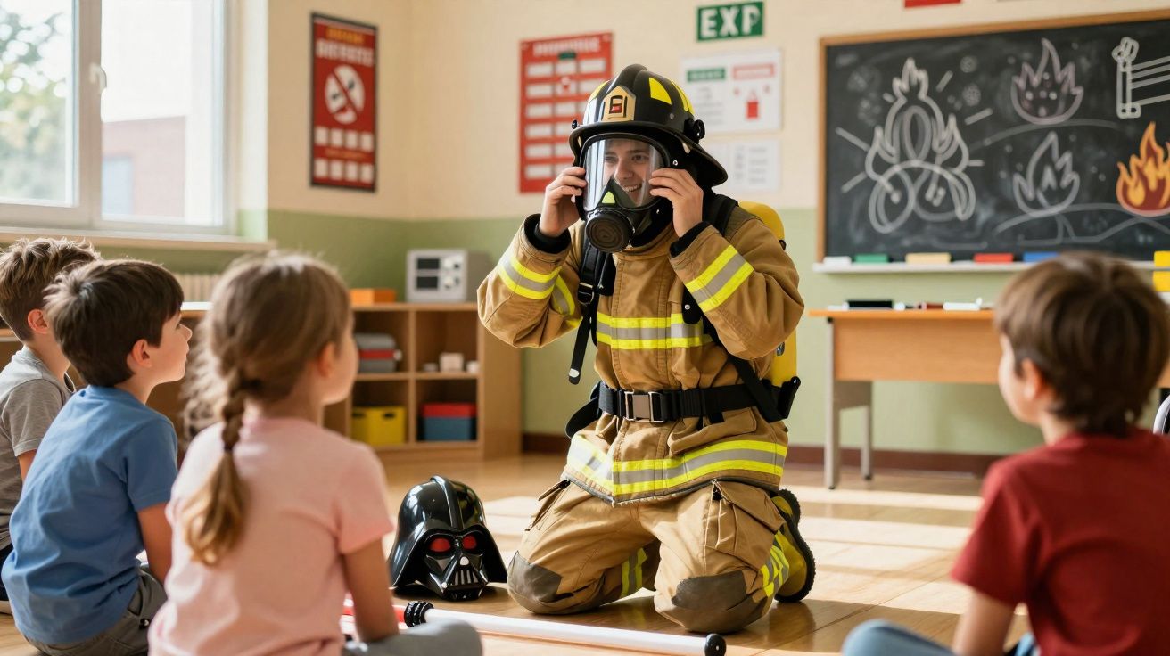 Bombeiro em uniforme explica uso de máscara de oxigênio para crianças sentadas em sala de aula.