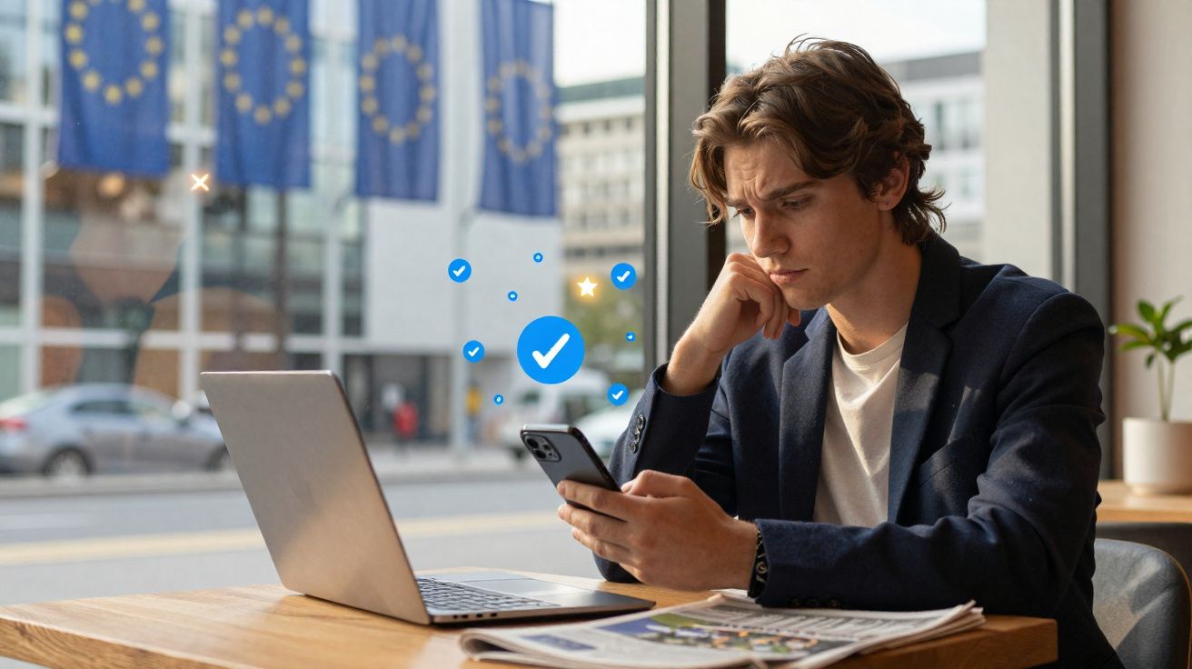 Jovem analisando celular com laptop e jornal sobre mesa em ambiente moderno com bandeiras da União Europeia.