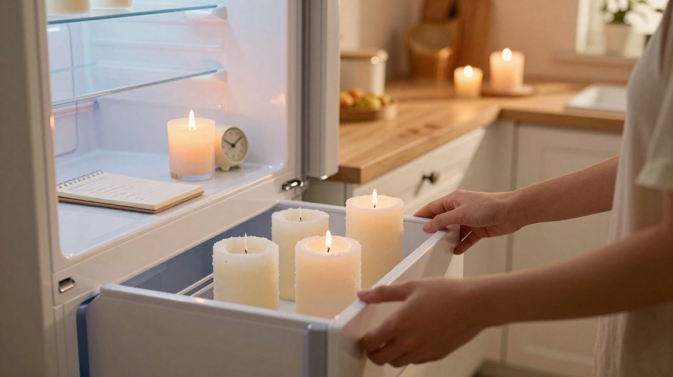 Mãos colocando velas acesas em gaveta de geladeira em cozinha com iluminação suave.