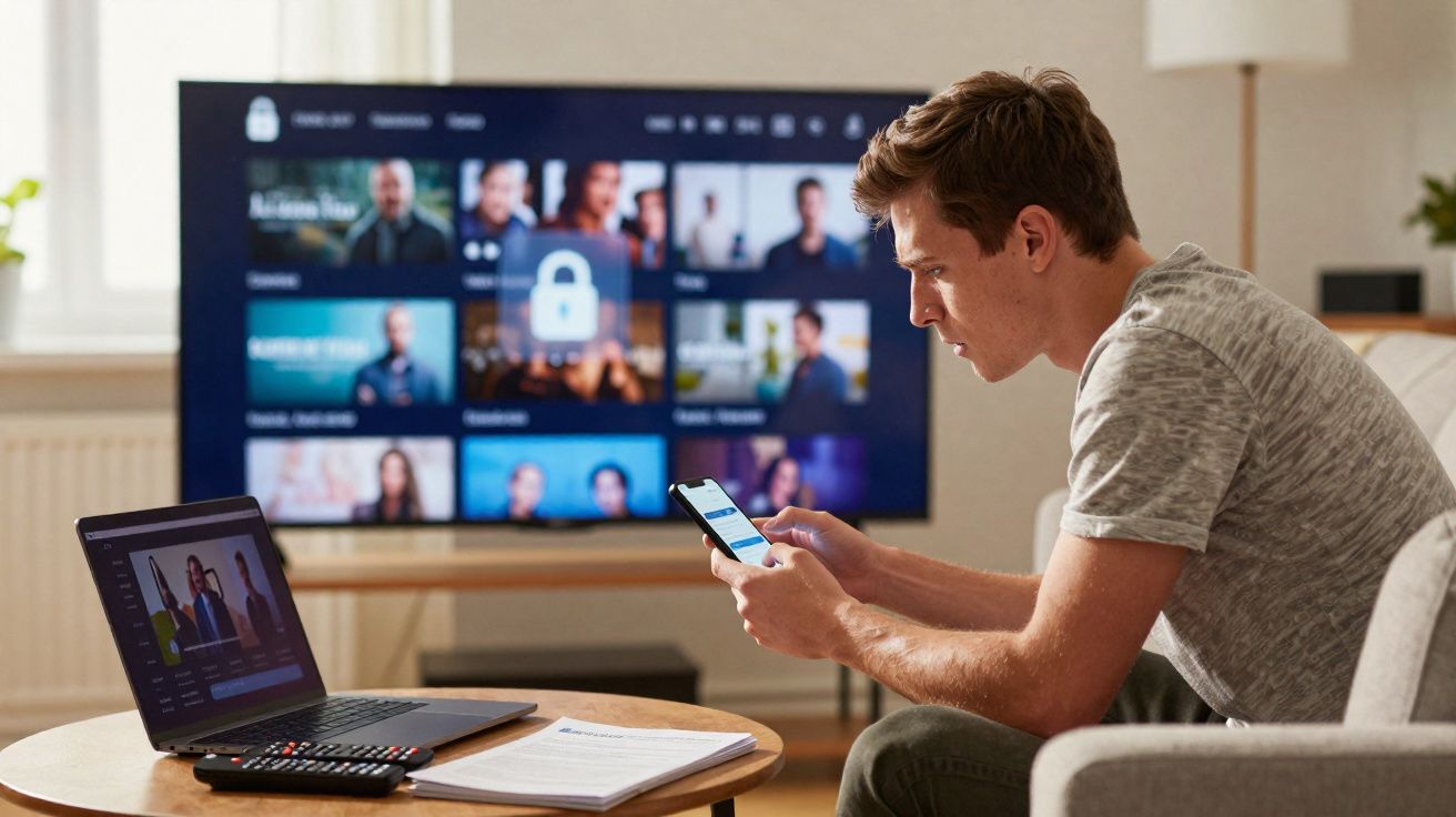 Homem sentado na sala usando celular, com laptop aberto e TV ligada ao fundo mostrando tela de streaming.