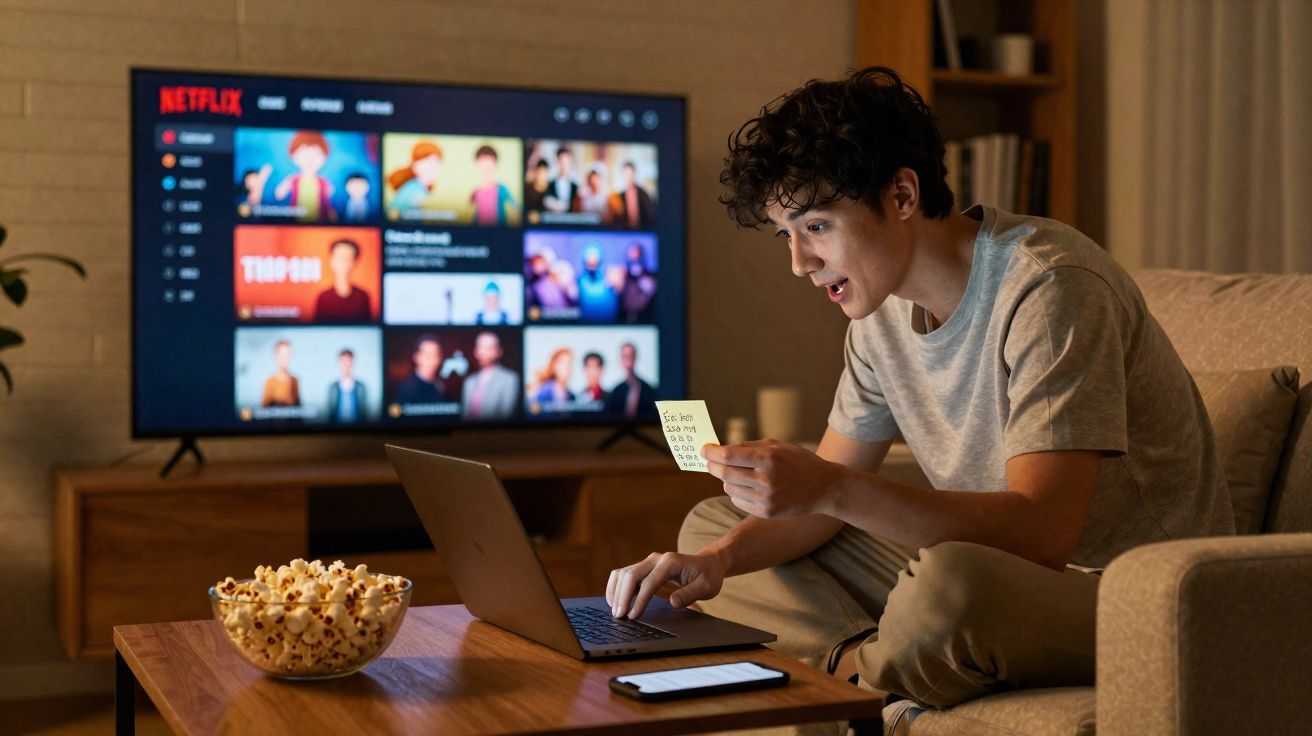 Jovem com expressão surpresa segura bilhete e usa laptop, com TV exibindo Netflix e tigela de pipoca na mesa.