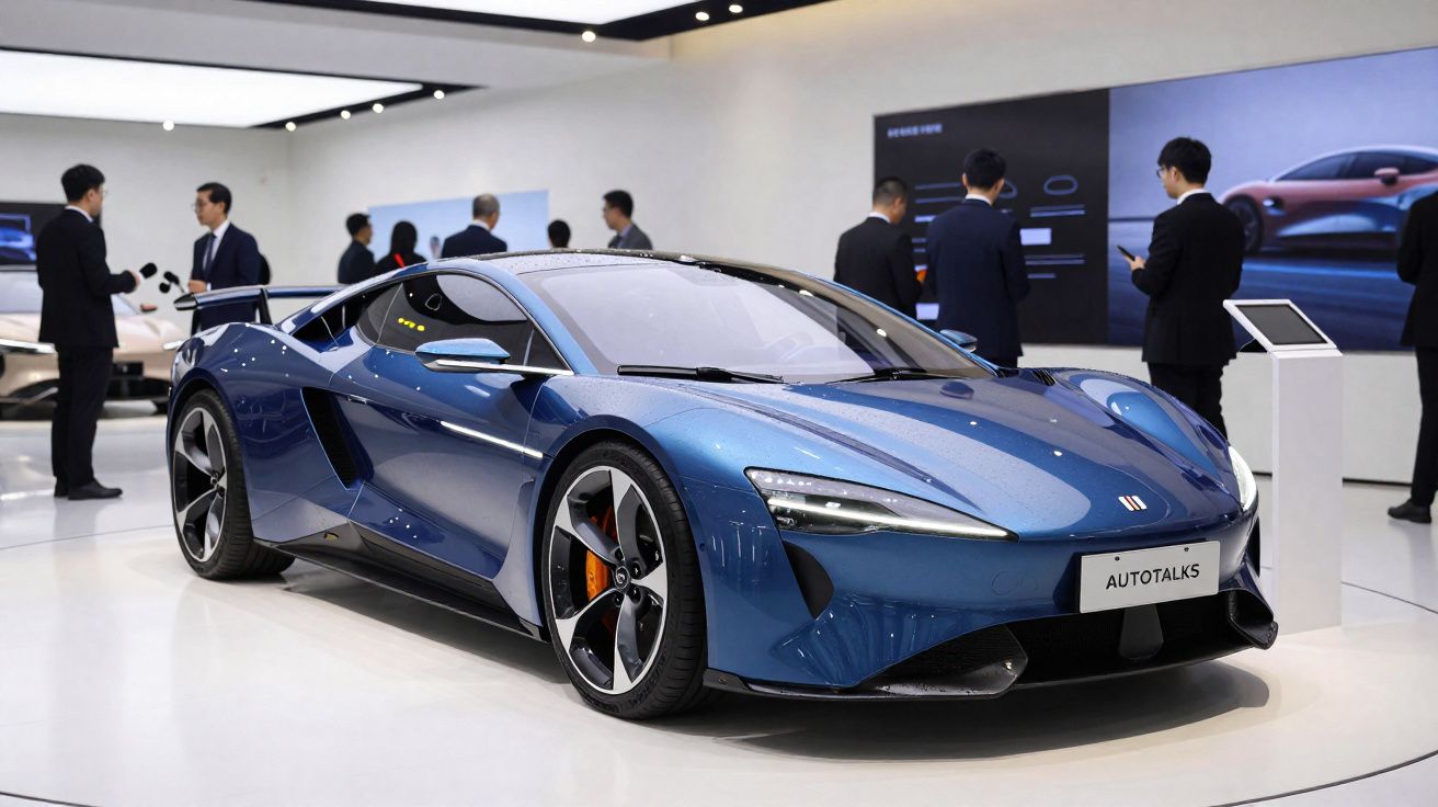 Carro esportivo azul metálico exibido em salão de automóveis com pessoas ao fundo.