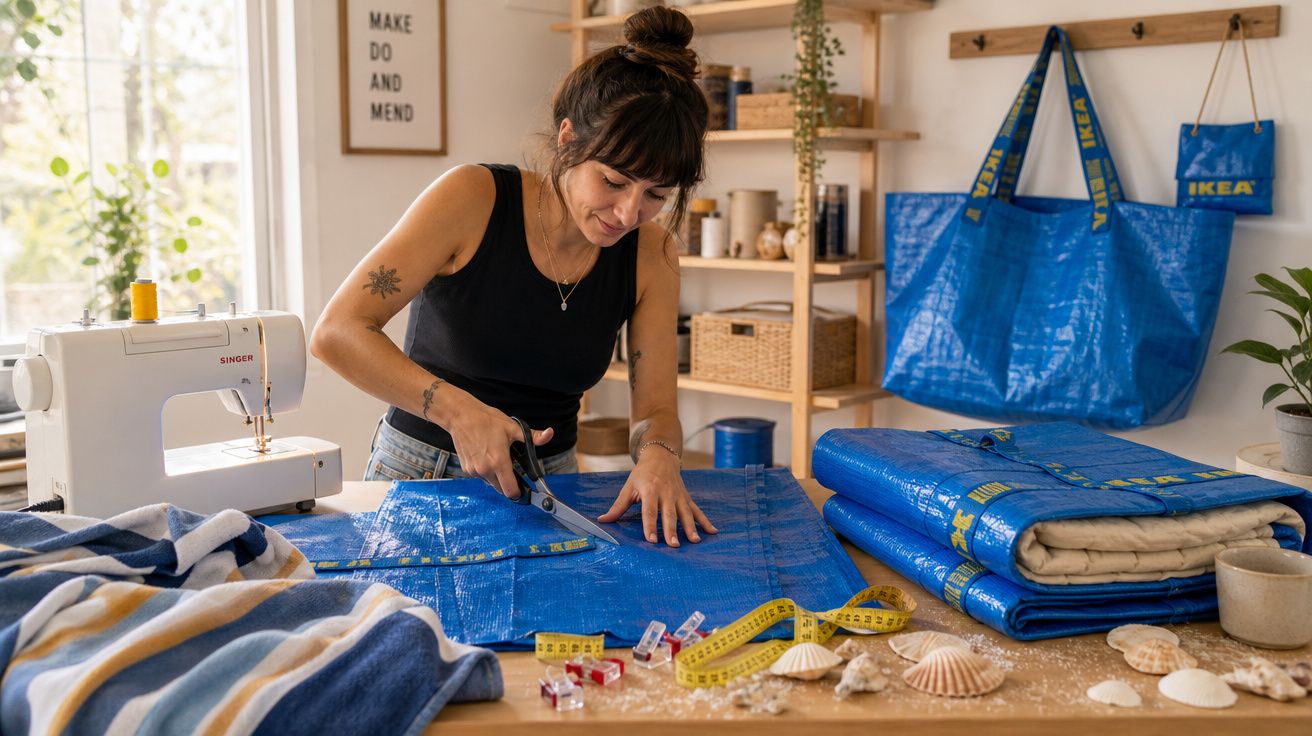 Mulher cortando tecido azul com tesoura em estúdio de costura, cercada por máquina, fitas métricas e conchas.