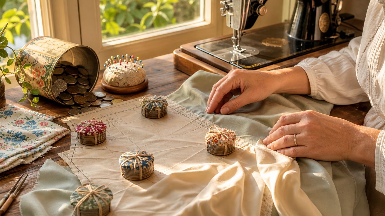 Mãos ajustando tecido sobre mesa com máquina de costura antiga, alfinetes, tecidos e pote com moedas.
