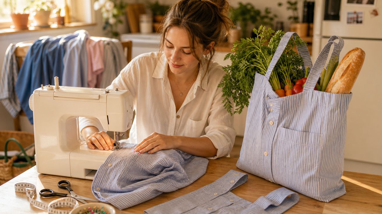 Mulher costurando roupa azul em máquina enquanto faz bolsa eco com camisa reciclada na mesa.
