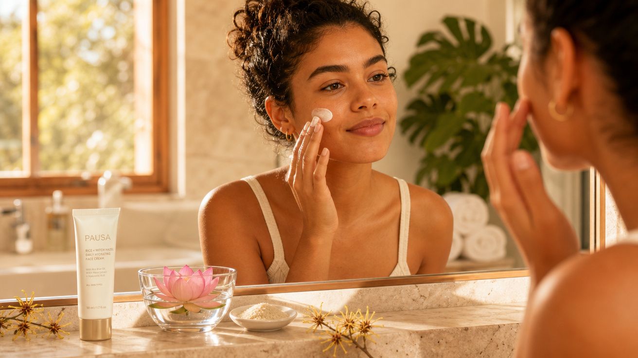 Mulher aplicando creme no rosto em frente ao espelho em banheiro iluminado com plantas e produtos de skincare.