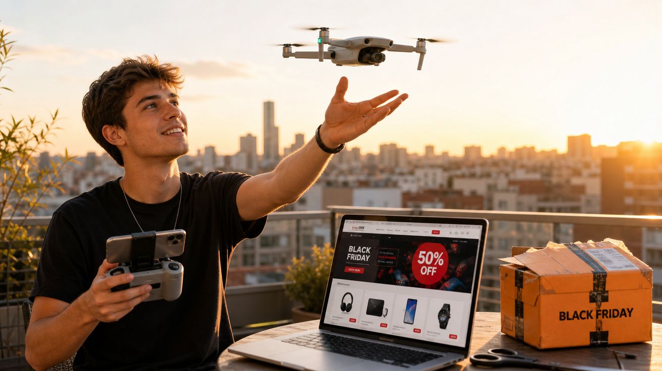 Jovem controla drone com controle remoto, laptop aberto com promoções de Black Friday e caixa na mesa ao pôr do sol.