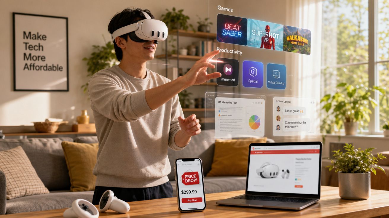 Pessoa usando óculos de realidade virtual interagindo com interface holográfica em ambiente residencial moderno.
