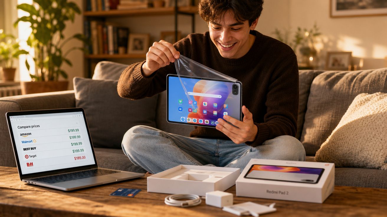 Jovem feliz desembrulhando tablet Redmi Pad 2 com caixa, acessórios e notebook exibindo comparação de preços.