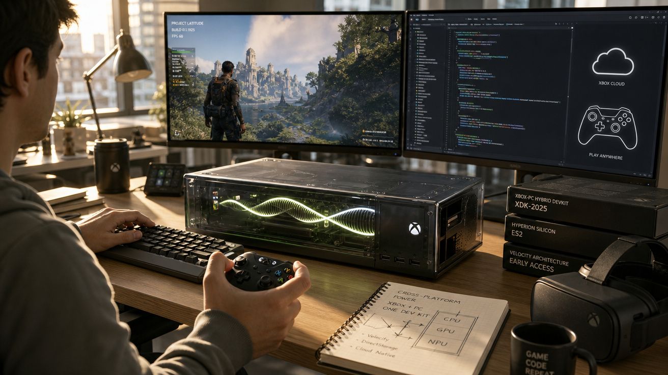 Pessoa usando controle de videogame diante de PC com dois monitores, notebook, óculos de realidade virtual e anotações técnic