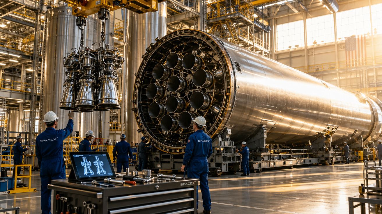 Funcionários da SpaceX inspecionam motor de foguete em área industrial espaçosa e iluminada.