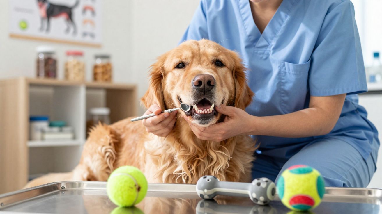Veterinário examina os dentes de um cão golden retriever em clínica com brinquedos na mesa.