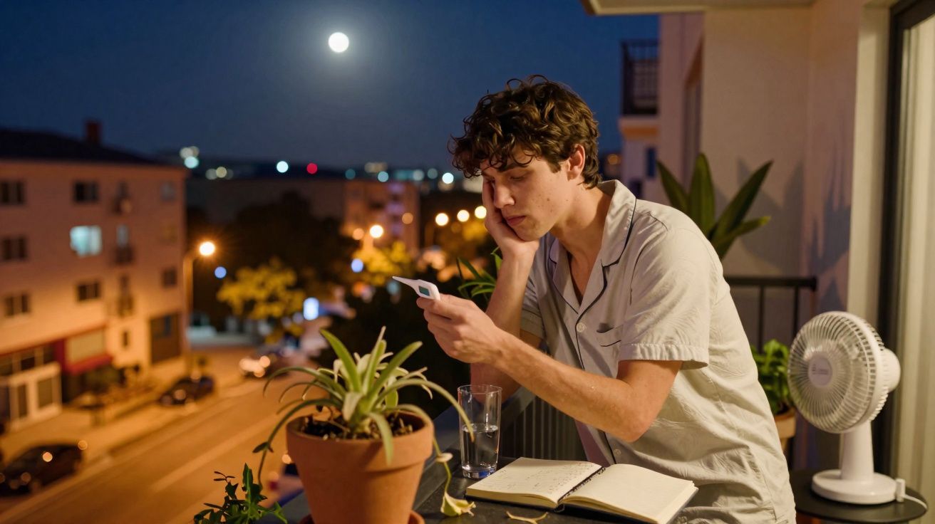 Jovem preocupado consulta termômetro à noite na varanda com plantas, caderno e copo d´água ao lado.