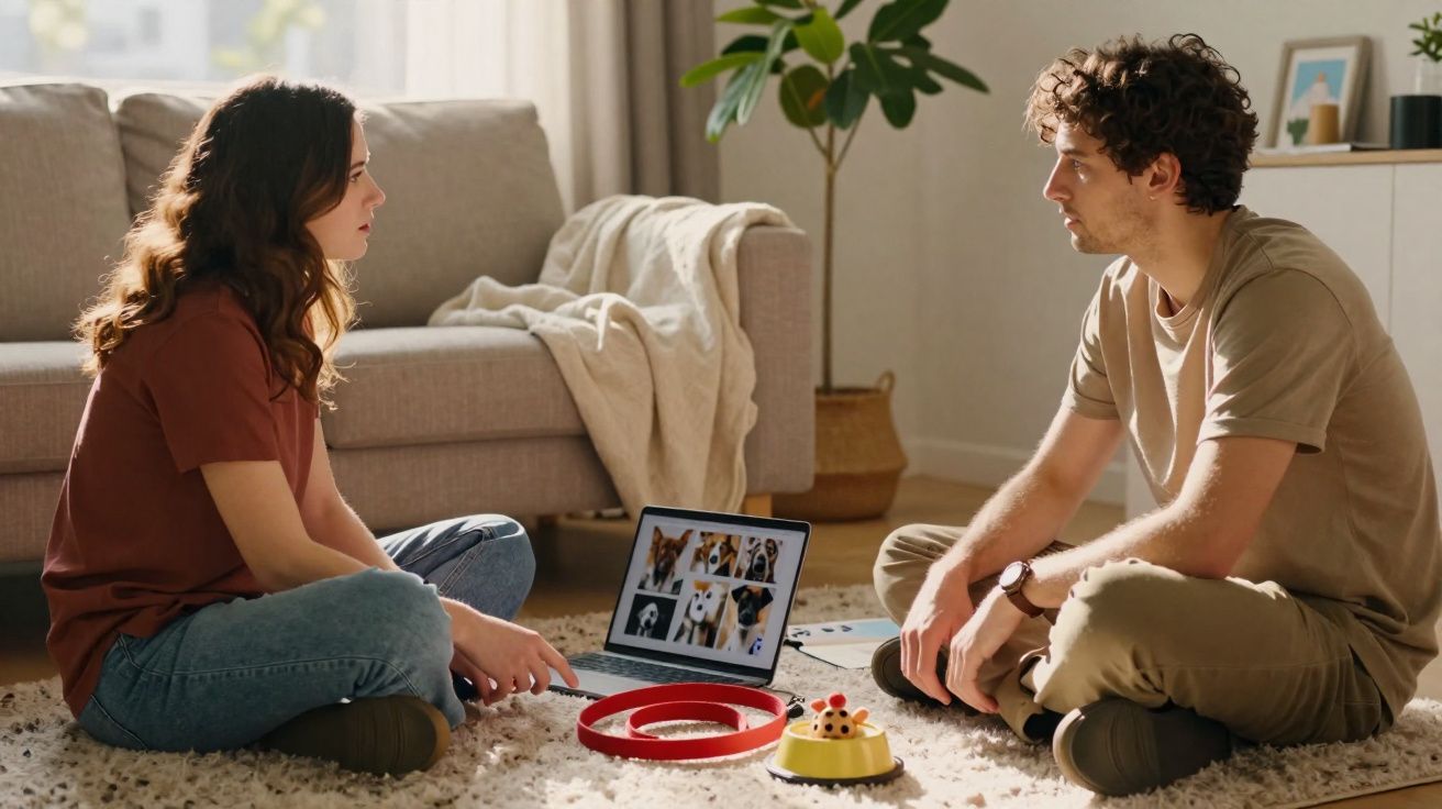 Homem e mulher sentados no tapete conversando, com laptop mostrando cães e brinquedos de pet ao redor.