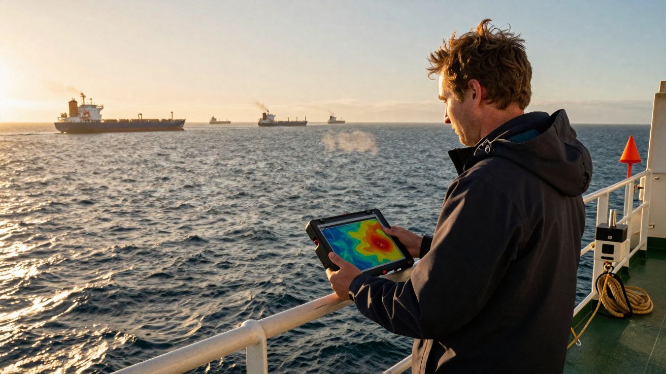 Homem com casaco escuro analisa dados em tablet a bordo de navio com vários cargueiros ao fundo no mar.