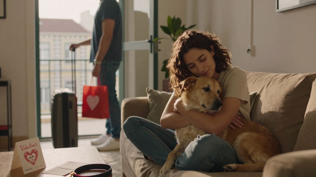 Mulher abraçando cachorro no sofá enquanto homem com mala e sacola sai pela porta.