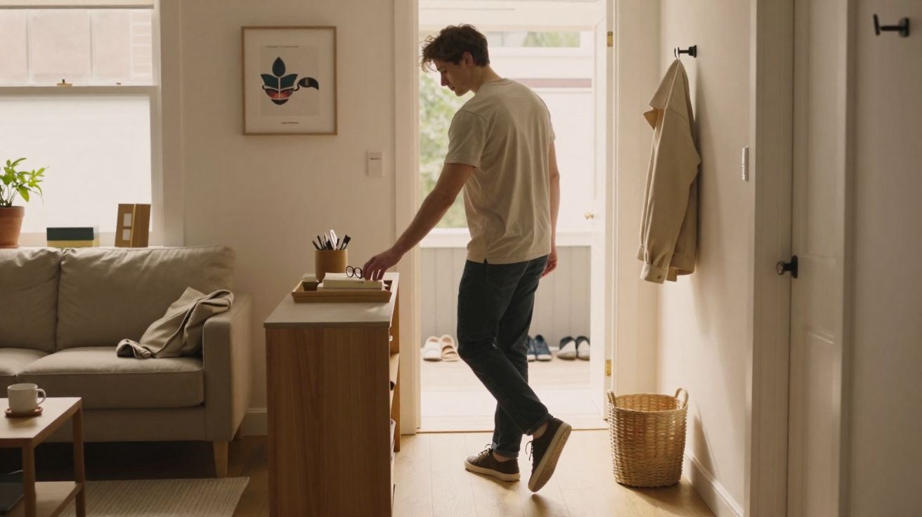Homem em camiseta branca e calça jeans dentro de sala iluminada, perto de mesa e sofá cinza.
