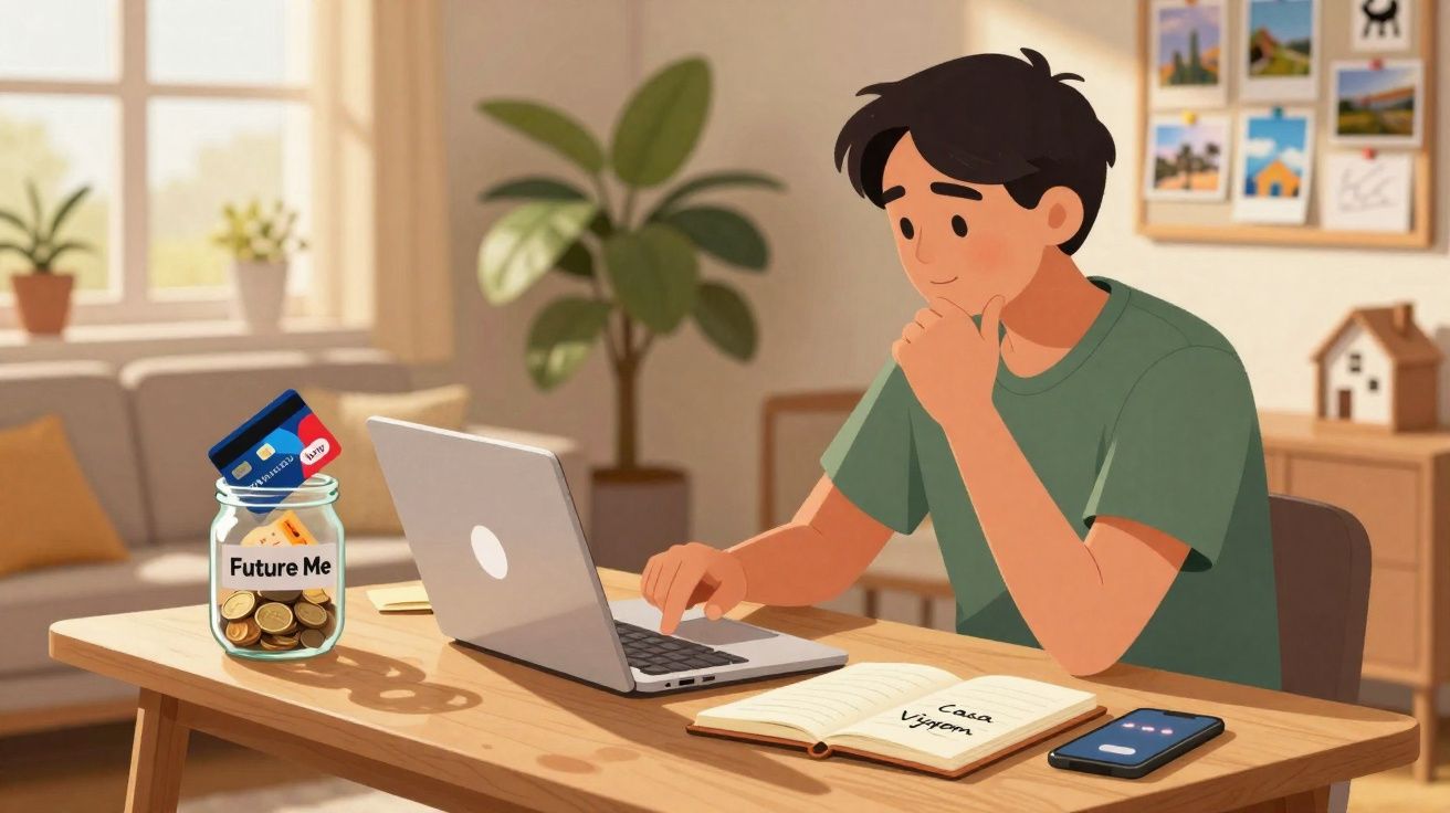Jovem pensativo organiza finanças no laptop com cofrinho, cartão e caderno sobre casa e viagem na mesa.