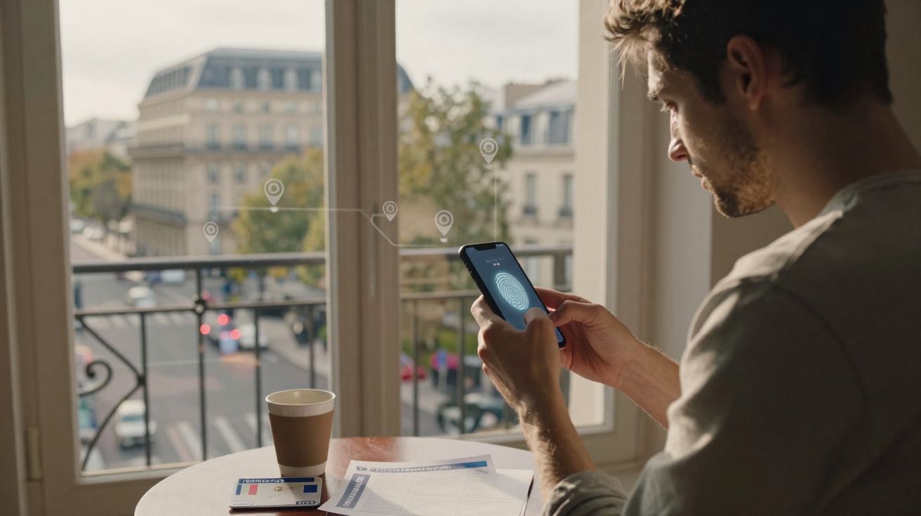 Homem usando smartphone com impressão digital, sentado em mesa com documentos e café à janela urbana.