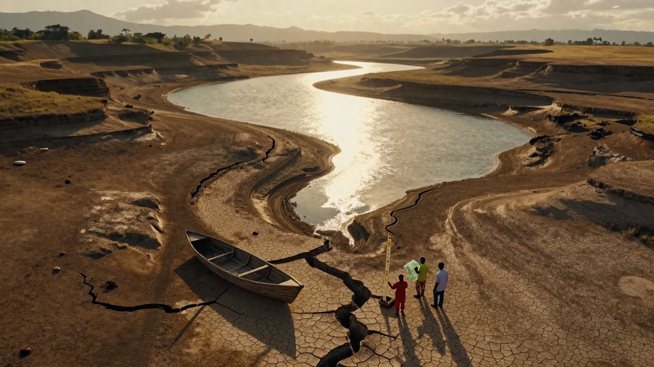 Rio seco com rachaduras no solo e três pessoas observando uma canoa abandonada na margem.