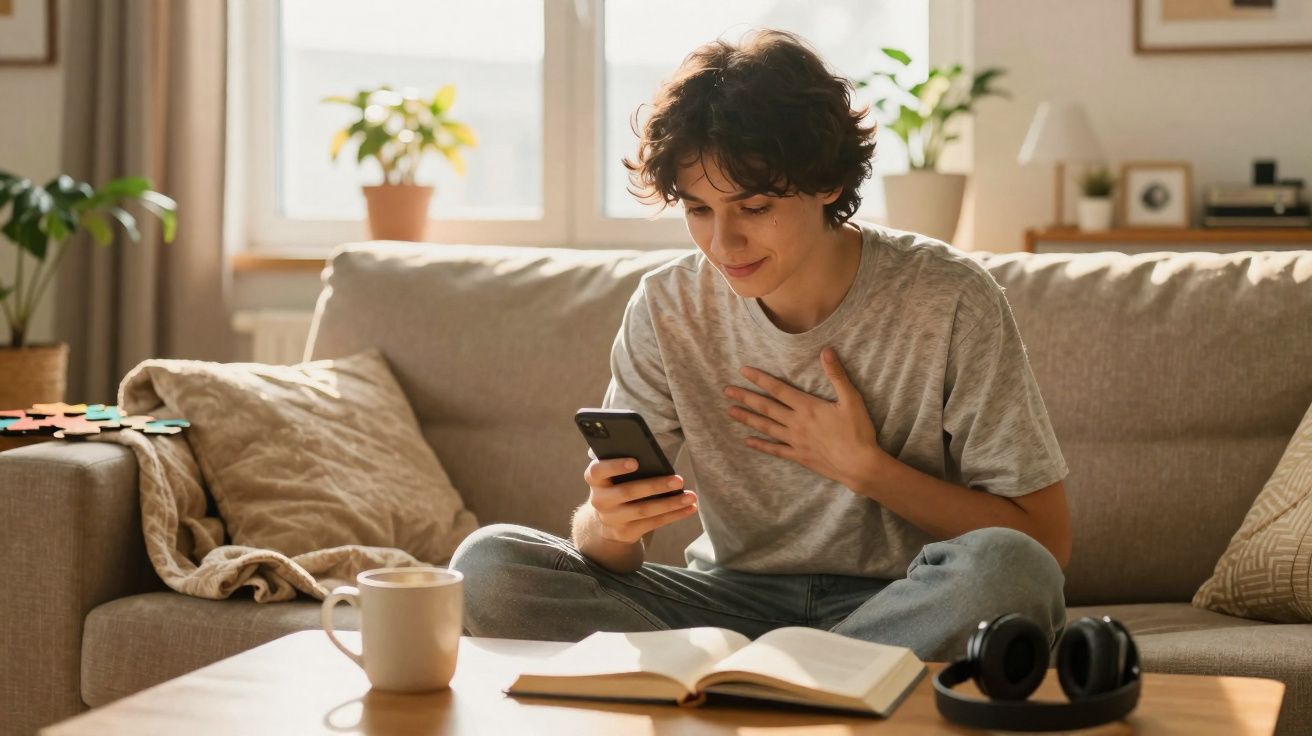 Jovem sentado no sofá lendo um livro, segurando um celular e expressando emoção positiva.