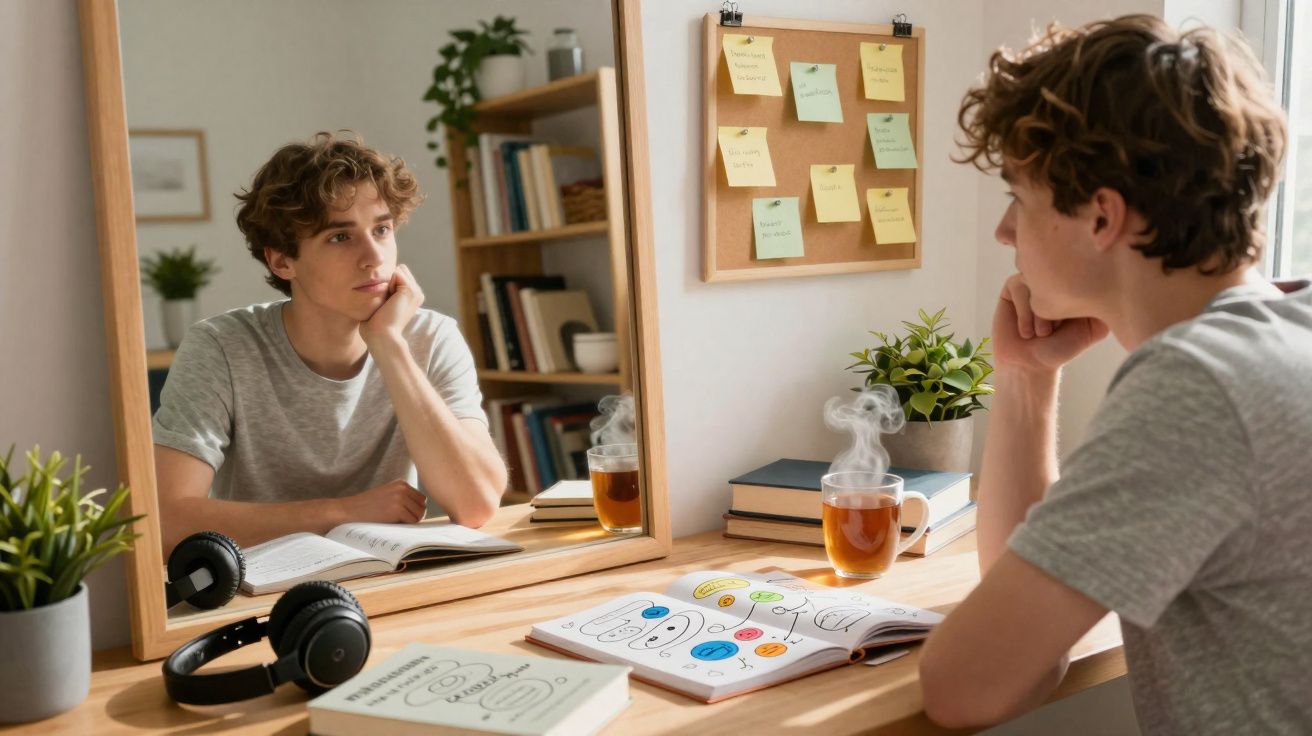 Jovem sentado em mesa de estudo olhando para o espelho, com livros, fones e chá quente ao redor.