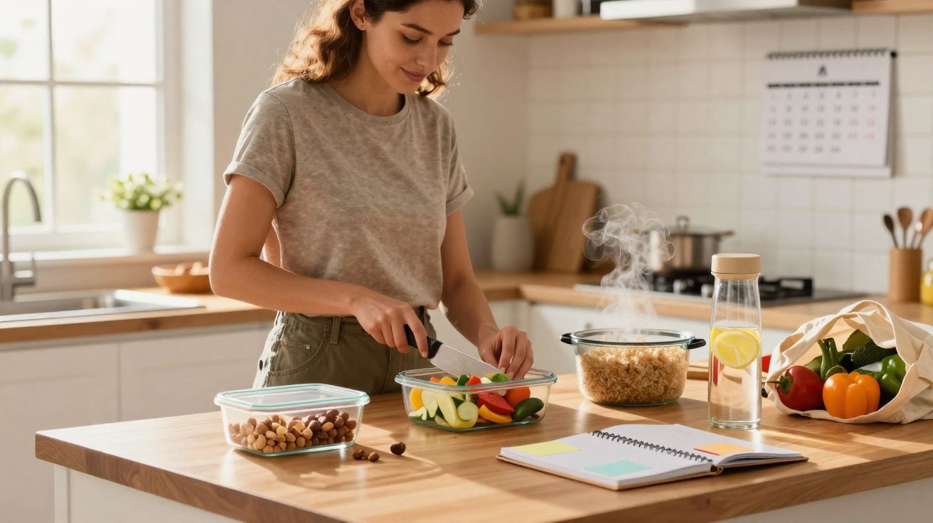 Mulher cortando legumes frescos em tábua na cozinha com potes de comida e garrafa de água aromatizada.