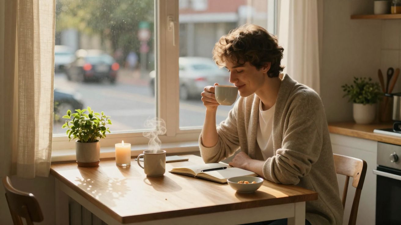 Pessoa jovem sentada na cozinha tomando café, lendo e relaxando à luz natural junto à janela.