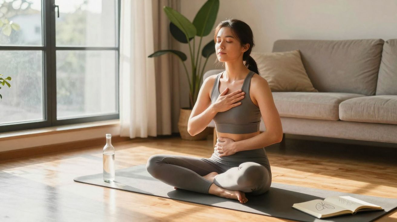 Mulher meditando sentada em posição de lótus em tapete de yoga, com mão no peito e outra no abdômen.