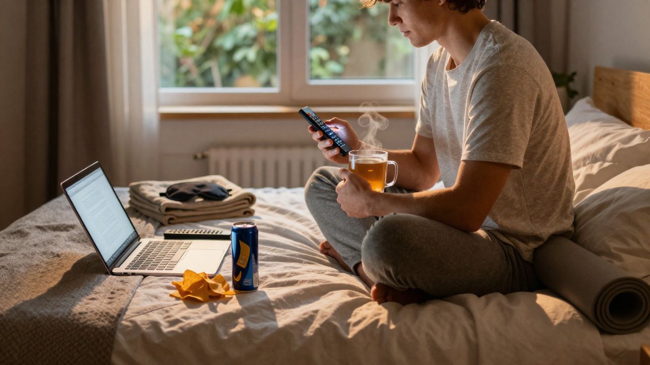 Homem sentado na cama, segurando chá e celular, com notebook e latinha ao lado em quarto iluminado pela manhã.