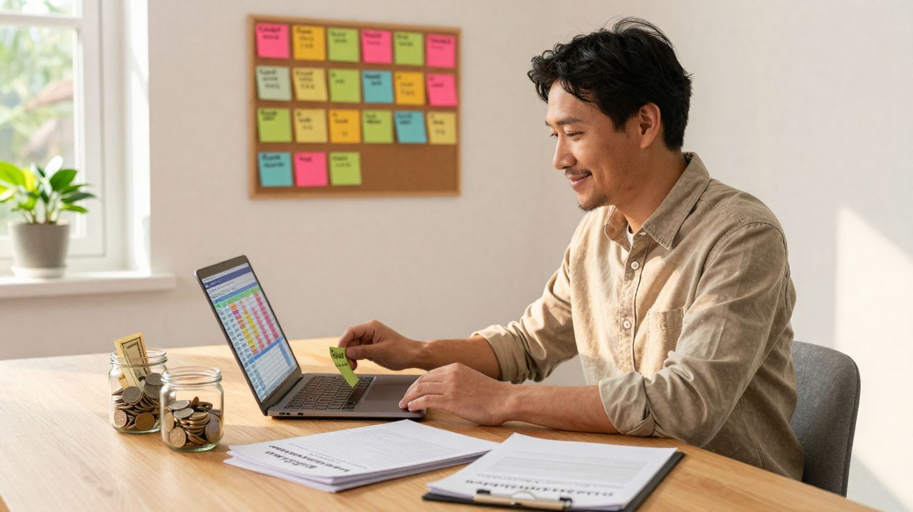 Homem sorridente trabalhando em laptop com planilha, papeis, copos com moedas e mural de notas coloridas atrás.