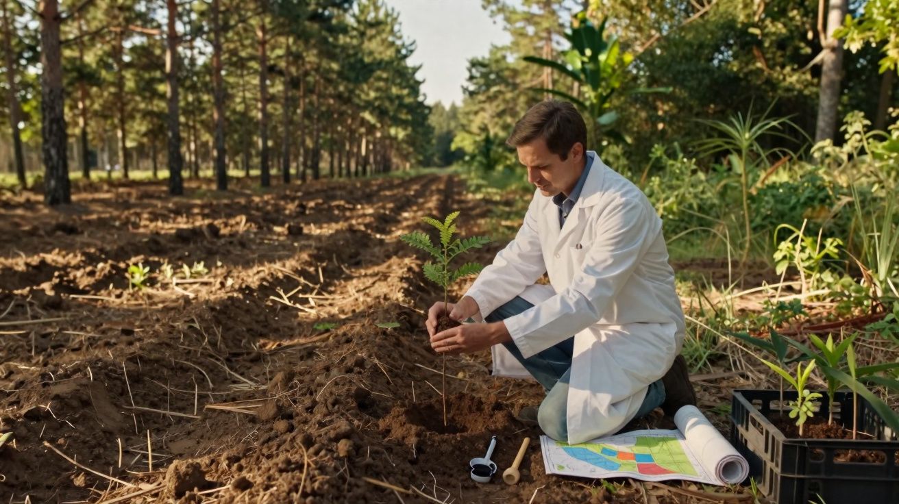 Homem de jaleco branco planta muda em solo arado em área de reflorestamento cercada por árvores.