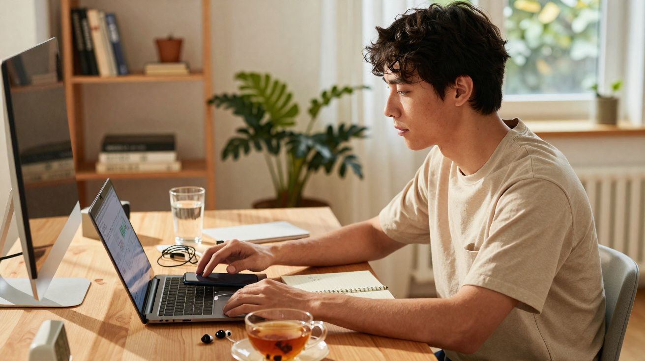 Jovem sentado em mesa de madeira, usando laptop em ambiente interno com plantas e copo de chá.