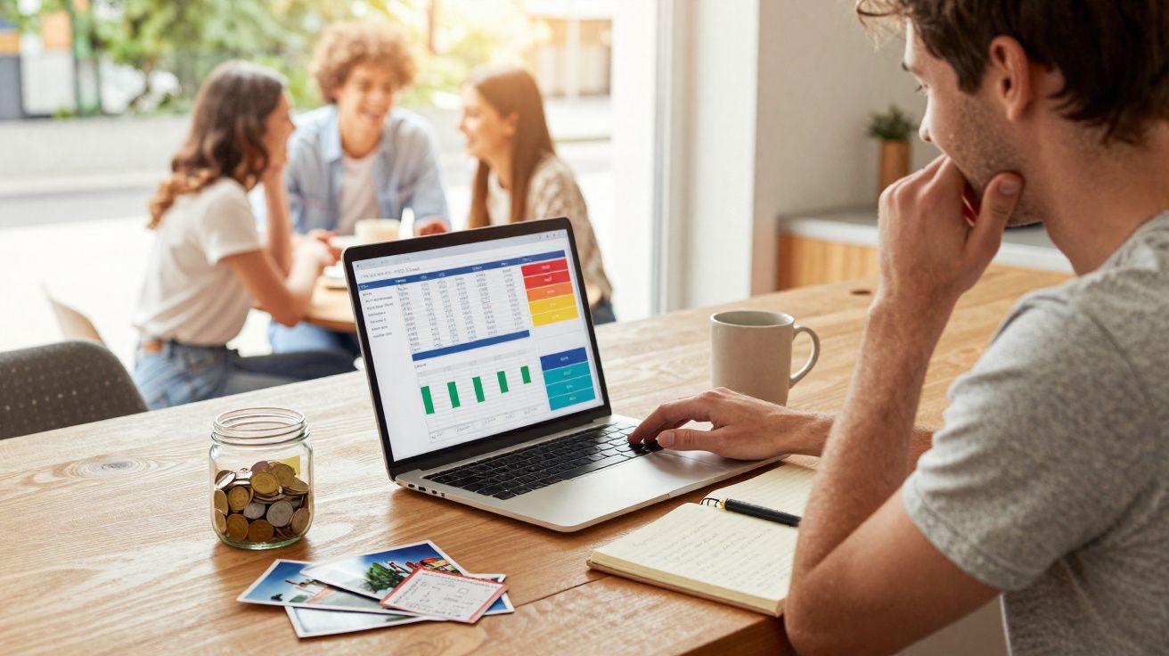 Pessoa analisando gráficos financeiros em laptop com grupo conversando ao fundo em ambiente iluminado.