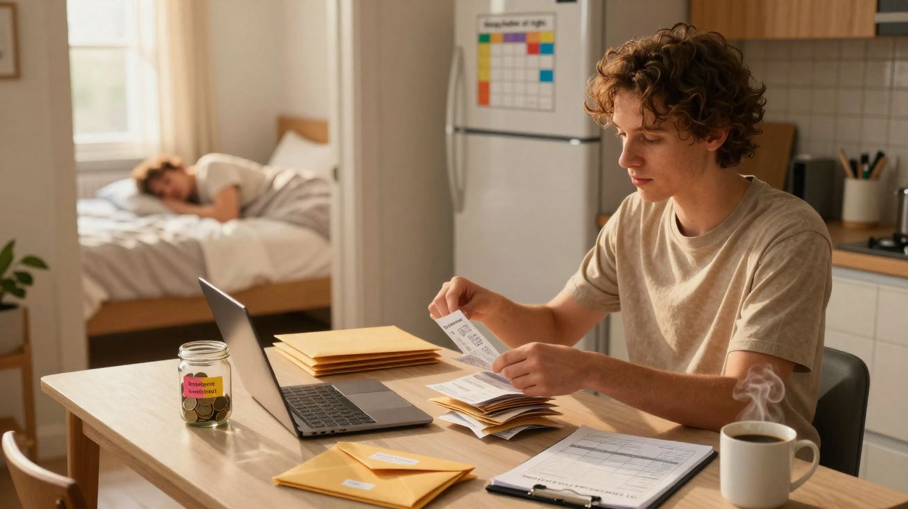 Jovem sentado à mesa organizando documentos com laptop, envelopes, café e jarra de moedas.
