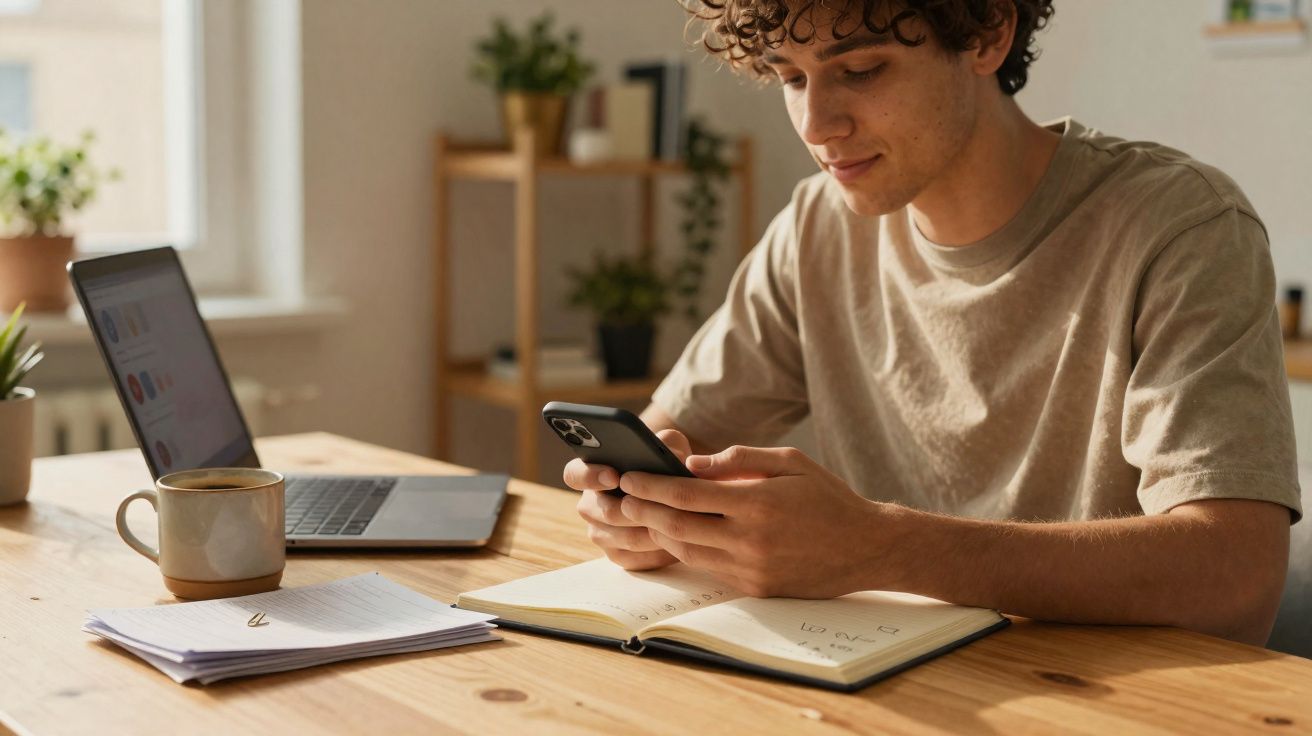 Jovem sentado à mesa olhando celular com laptop, caderno e xícara de café em ambiente iluminado.