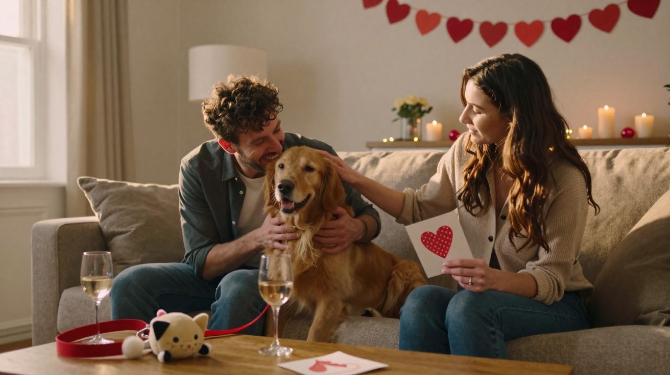 Casal sorridente acariciando cachorro golden retriever em sala decorada com corações vermelhos.