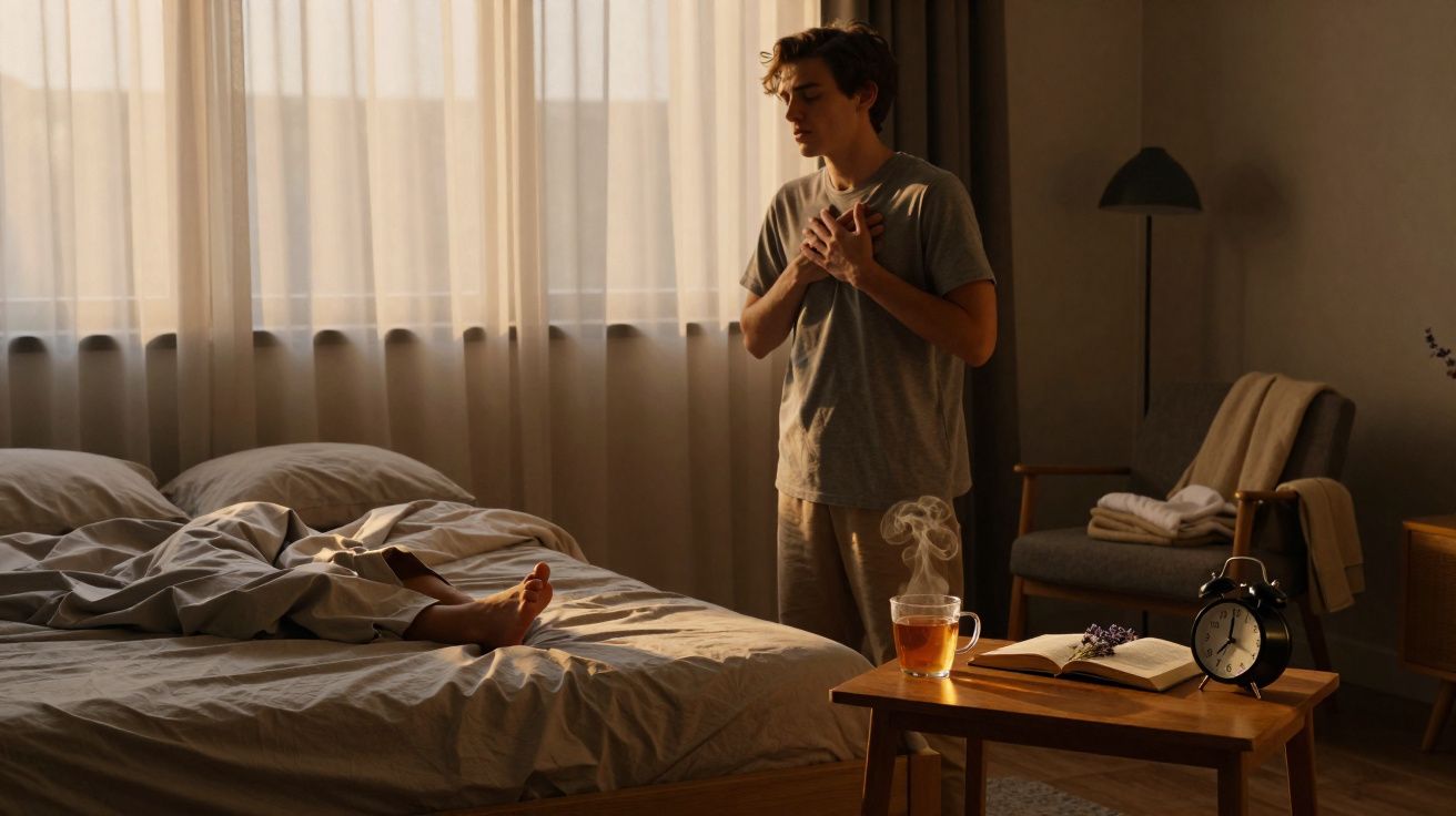 Jovem de camiseta cinza em pé ao lado da cama com pessoa deitada, segurando o peito com expressão de dor.