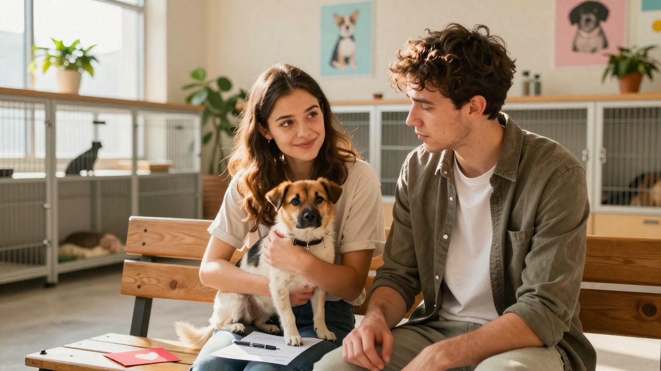 Casal jovem sentado em banco com cachorro no colo em ambiente de clínica veterinária.