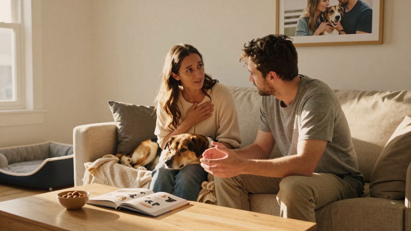 Casal sentado no sofá com cachorro, conversando em ambiente iluminado e acolhedor.