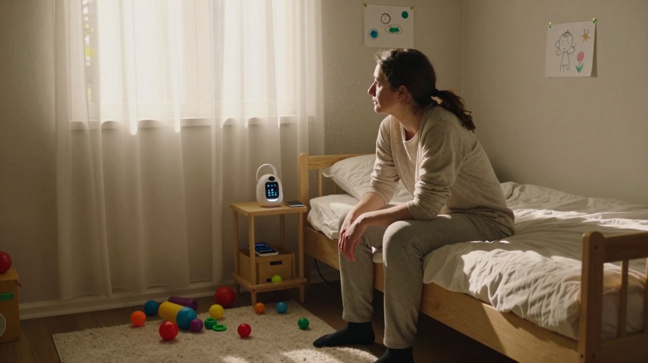 Mulher sentada na cama olhando pela janela em quarto com brinquedos no chão e pintura infantil na parede.