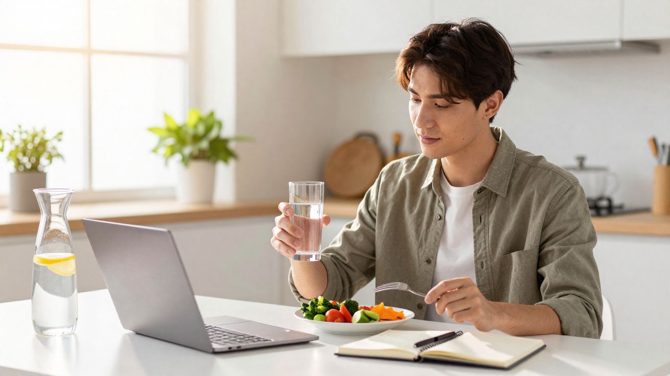 Jovem sentado à mesa com prato de salada, copo de água e notebook em ambiente de cozinha iluminada.